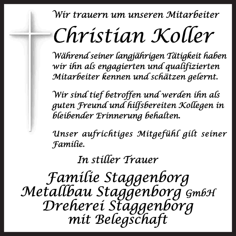  Traueranzeige für Christian Koller vom 21.06.2019 aus Neue Osnabrücker Zeitung GmbH & Co. KG