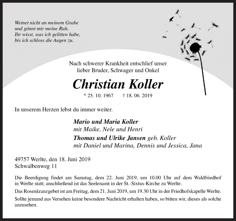  Traueranzeige für Christian Koller vom 20.06.2019 aus Neue Osnabrücker Zeitung GmbH & Co. KG