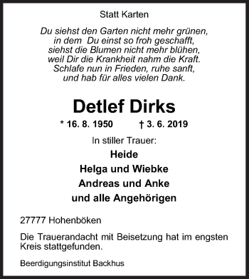 Traueranzeige von Detlef Dirks von Neue Osnabrücker Zeitung GmbH & Co. KG