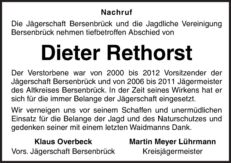  Traueranzeige für Dieter Rethorst vom 05.06.2019 aus Neue Osnabrücker Zeitung GmbH & Co. KG