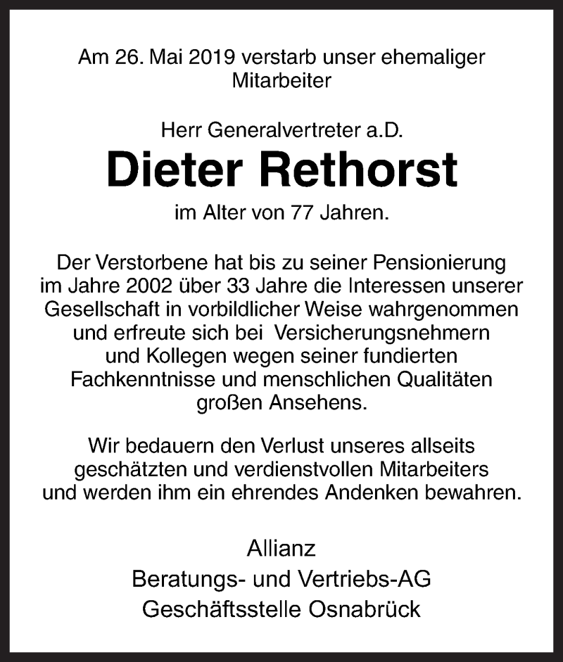  Traueranzeige für Dieter Rethorst vom 04.06.2019 aus Neue Osnabrücker Zeitung GmbH & Co. KG