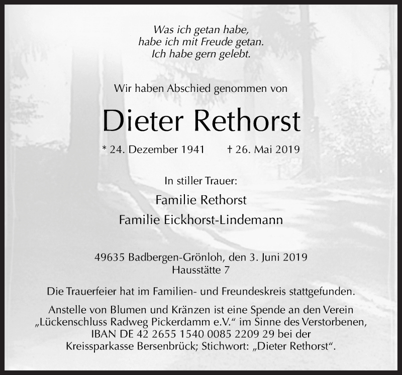  Traueranzeige für Dieter Rethorst vom 04.06.2019 aus Neue Osnabrücker Zeitung GmbH & Co. KG
