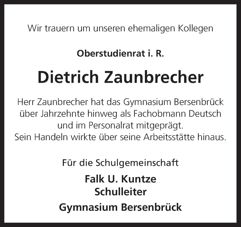  Traueranzeige für Dietrich Zaunbrecher vom 22.06.2019 aus Neue Osnabrücker Zeitung GmbH & Co. KG