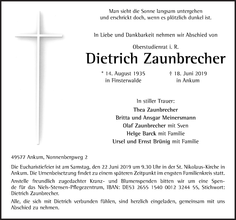  Traueranzeige für Dietrich Zaunbrecher vom 20.06.2019 aus Neue Osnabrücker Zeitung GmbH & Co. KG