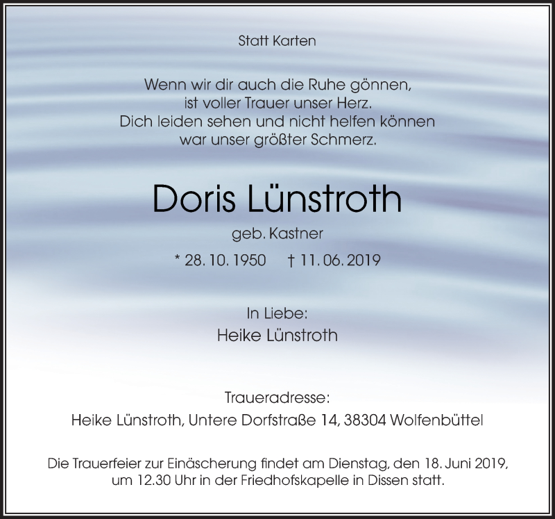  Traueranzeige für Doris Lünstroth vom 15.06.2019 aus Neue Osnabrücker Zeitung GmbH & Co. KG