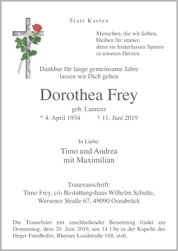 Traueranzeige von Dorothea Frey von Neue Osnabrücker Zeitung GmbH & Co. KG