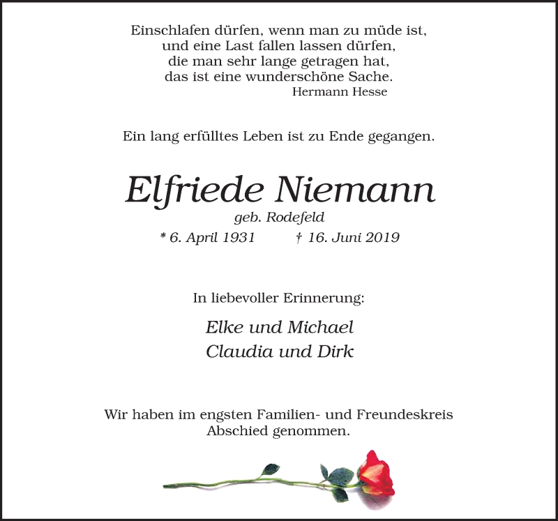  Traueranzeige für Elfriede Niemann vom 27.06.2019 aus Neue Osnabrücker Zeitung GmbH & Co. KG