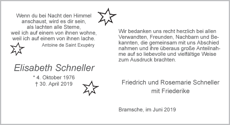  Traueranzeige für Elisabeth Schneller vom 29.06.2019 aus Neue Osnabrücker Zeitung GmbH & Co. KG