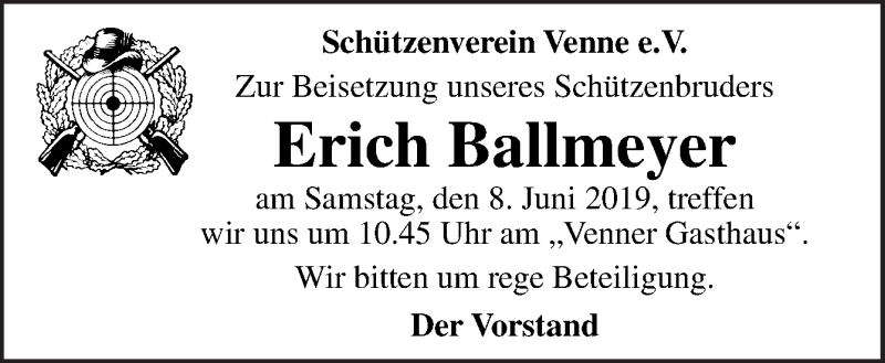  Traueranzeige für Erich Ballmeyer vom 05.06.2019 aus Neue Osnabrücker Zeitung GmbH & Co. KG
