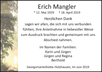 Traueranzeige von Erich Mangler von Neue Osnabrücker Zeitung GmbH & Co. KG