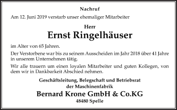 Traueranzeige von Ernst Ringelhäuser von Neue Osnabrücker Zeitung GmbH & Co. KG
