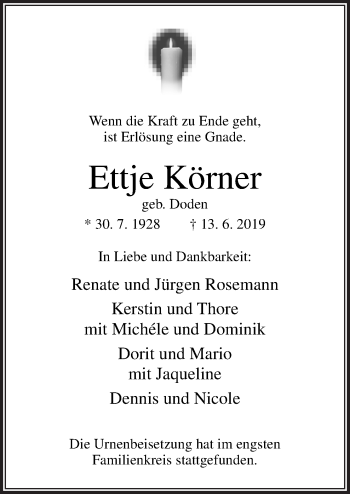 Traueranzeige von Ettje Körner von Neue Osnabrücker Zeitung GmbH & Co. KG