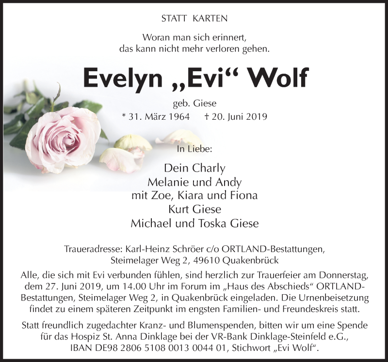 Traueranzeige für Evelyn Wolf vom 24.06.2019 aus Neue Osnabrücker Zeitung GmbH & Co. KG