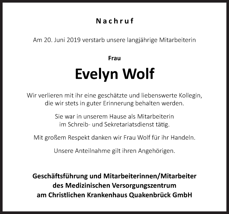  Traueranzeige für Evelyn Wolf vom 26.06.2019 aus Neue Osnabrücker Zeitung GmbH & Co. KG