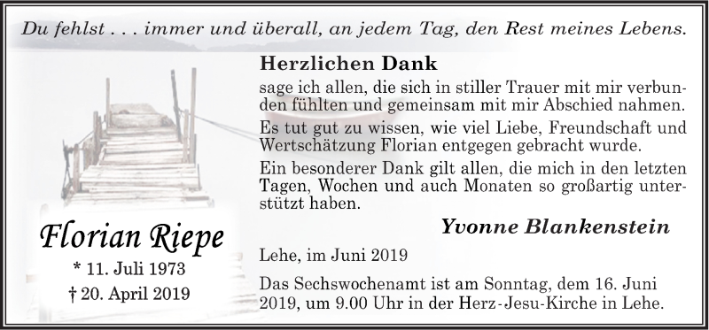  Traueranzeige für Florian Riepe vom 12.06.2019 aus Neue Osnabrücker Zeitung GmbH & Co. KG