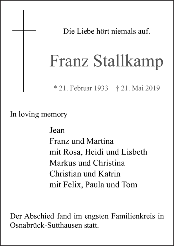 Traueranzeige von Franz Stallkamp von Neue Osnabrücker Zeitung GmbH & Co. KG