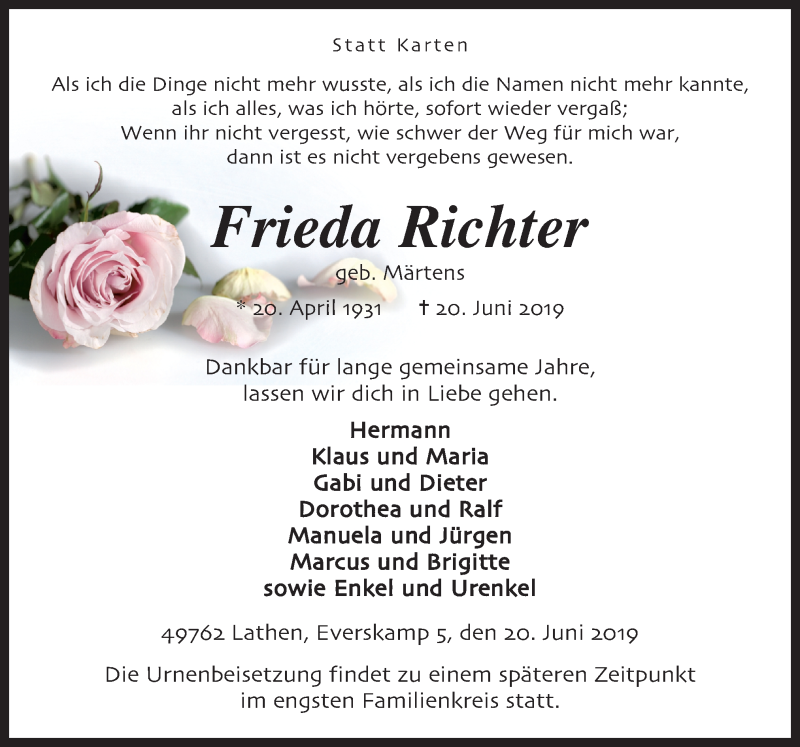  Traueranzeige für Frieda Richter vom 22.06.2019 aus Neue Osnabrücker Zeitung GmbH & Co. KG