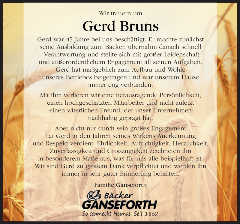  Traueranzeige für Gerd Bruns vom 01.06.2019 aus Neue Osnabrücker Zeitung GmbH & Co. KG