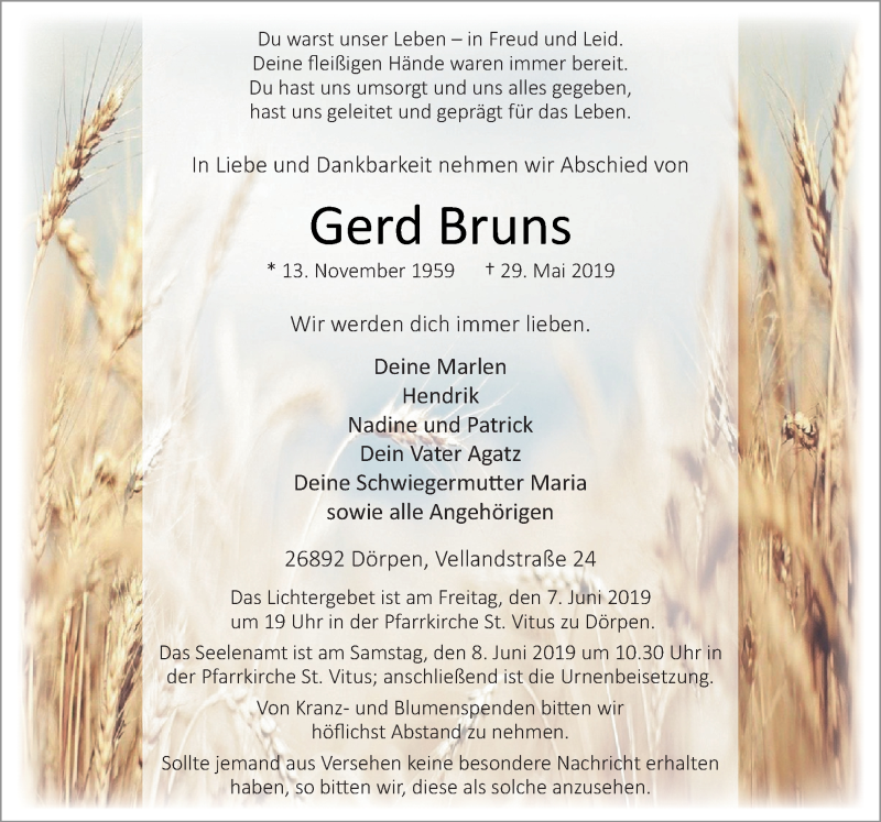  Traueranzeige für Gerd Bruns vom 01.06.2019 aus Neue Osnabrücker Zeitung GmbH & Co. KG