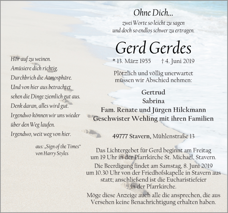 Traueranzeige für Gerd Gerdes vom 06.06.2019 aus Neue Osnabrücker Zeitung GmbH & Co. KG