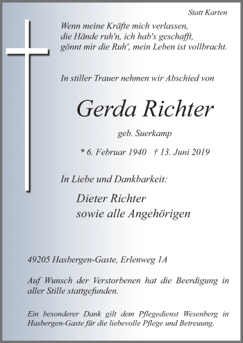 Traueranzeige von Gerda Richter von Neue Osnabrücker Zeitung GmbH & Co. KG