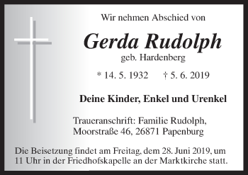 Traueranzeige von Gerda Rudolph von Neue Osnabrücker Zeitung GmbH & Co. KG