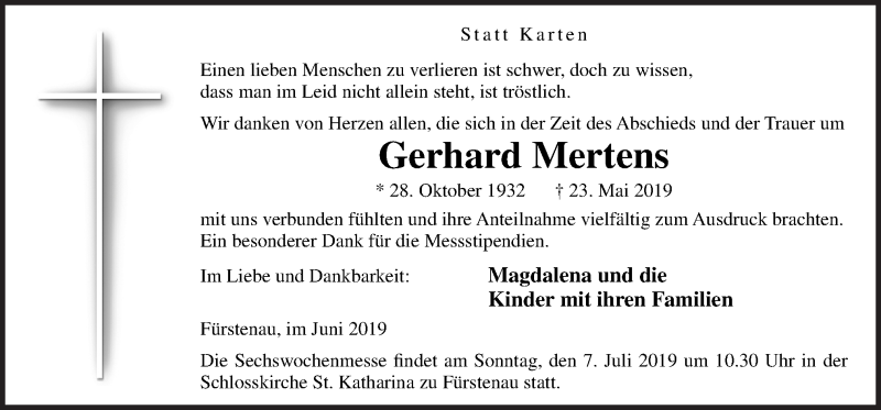  Traueranzeige für Gerhard Mertens vom 29.06.2019 aus Neue Osnabrücker Zeitung GmbH & Co. KG