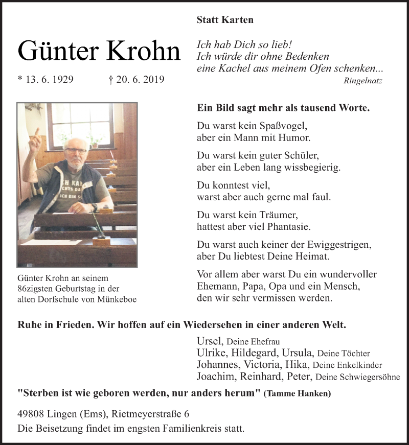  Traueranzeige für Günter Krohn vom 22.06.2019 aus Neue Osnabrücker Zeitung GmbH & Co. KG
