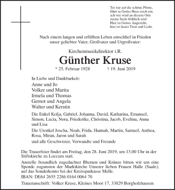 Traueranzeige von Günther Kruse von Neue Osnabrücker Zeitung GmbH & Co. KG