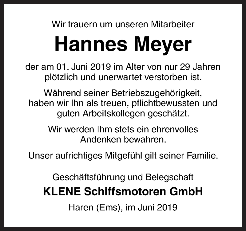  Traueranzeige für Hannes Meyer vom 07.06.2019 aus Neue Osnabrücker Zeitung GmbH & Co. KG