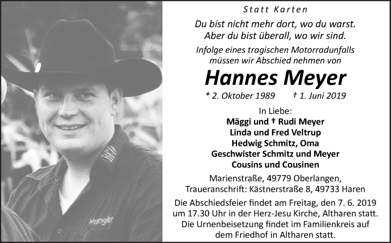  Traueranzeige für Hannes Meyer vom 05.06.2019 aus Neue Osnabrücker Zeitung GmbH & Co. KG