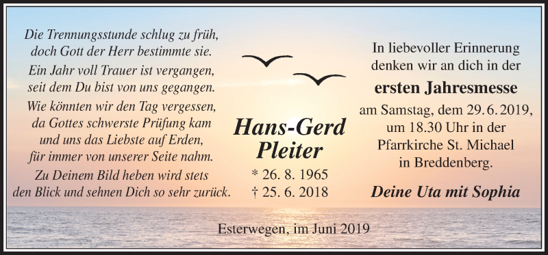  Traueranzeige für Hans-Gerd Pleiter vom 25.06.2019 aus Neue Osnabrücker Zeitung GmbH & Co. KG