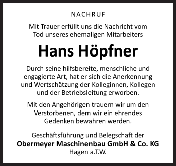 Traueranzeige von Hans Höpfner von Neue Osnabrücker Zeitung GmbH & Co. KG