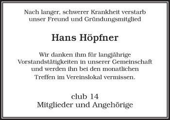 Traueranzeige von Hans Höpfner von Neue Osnabrücker Zeitung GmbH & Co. KG