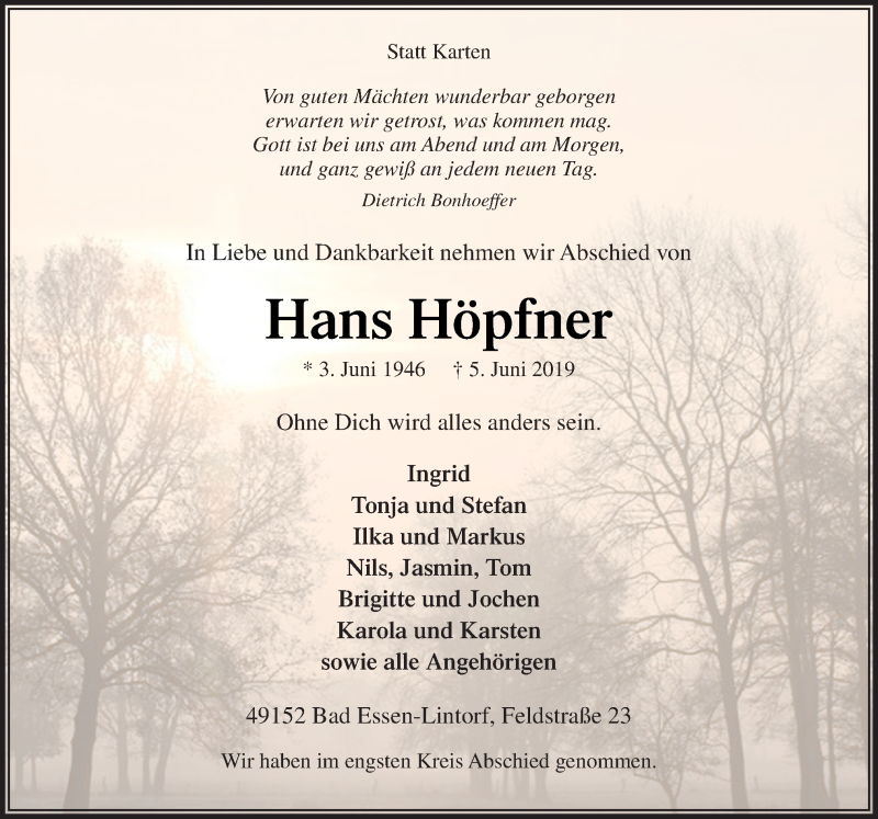  Traueranzeige für Hans Höpfner vom 19.06.2019 aus Neue Osnabrücker Zeitung GmbH & Co. KG