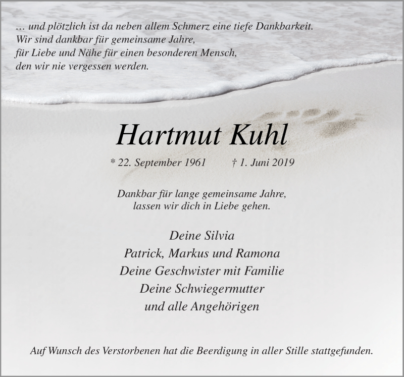  Traueranzeige für Hartmut Kuhl vom 15.06.2019 aus Neue Osnabrücker Zeitung GmbH & Co. KG