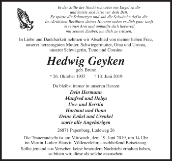 Traueranzeige von Hedwig Geyken von Neue Osnabrücker Zeitung GmbH & Co. KG