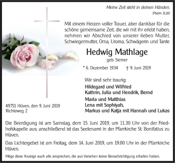 Traueranzeige von Hedwig Mathlage von Neue Osnabrücker Zeitung GmbH & Co. KG