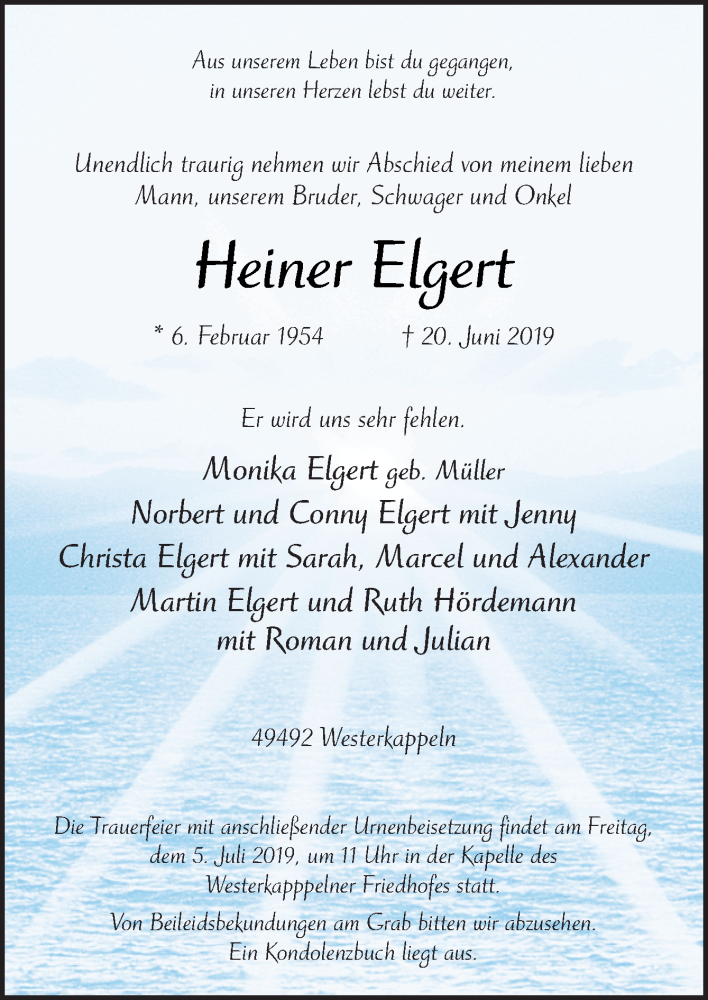  Traueranzeige für Heiner Elgert vom 27.06.2019 aus Neue Osnabrücker Zeitung GmbH & Co. KG