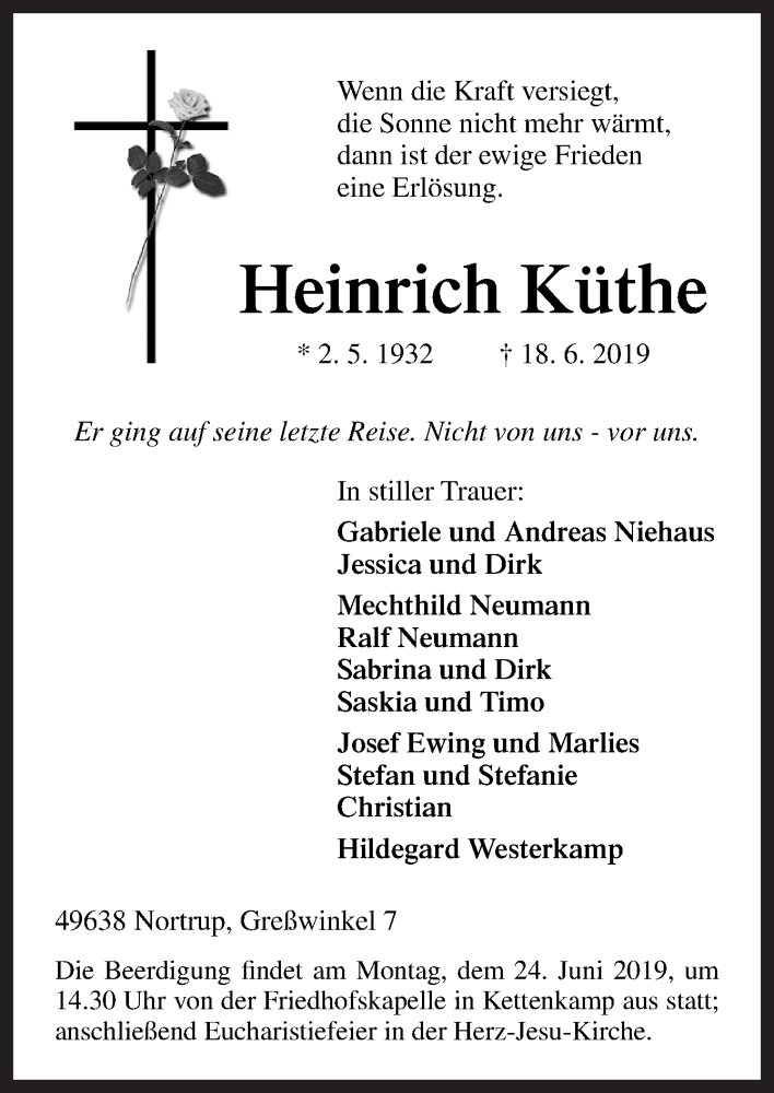  Traueranzeige für Heinrich Küthe vom 20.06.2019 aus Neue Osnabrücker Zeitung GmbH & Co. KG