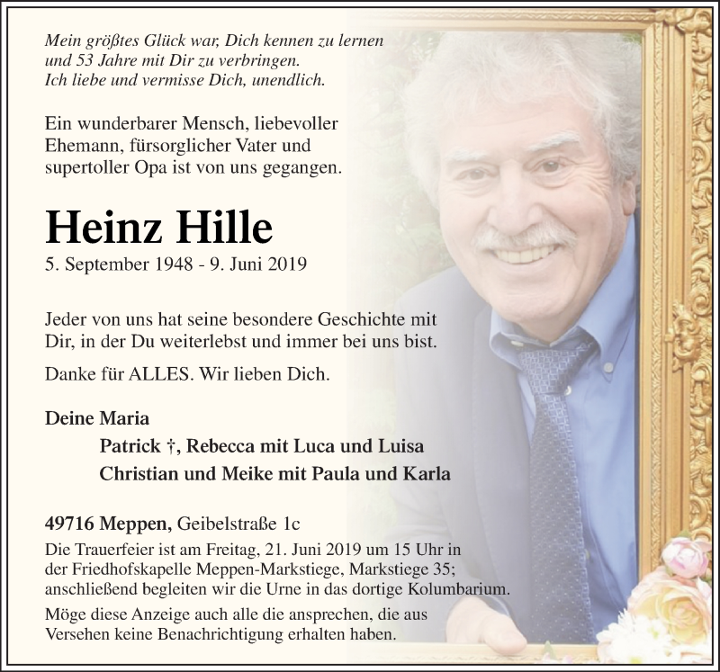  Traueranzeige für Heinz Hille vom 15.06.2019 aus Neue Osnabrücker Zeitung GmbH & Co. KG