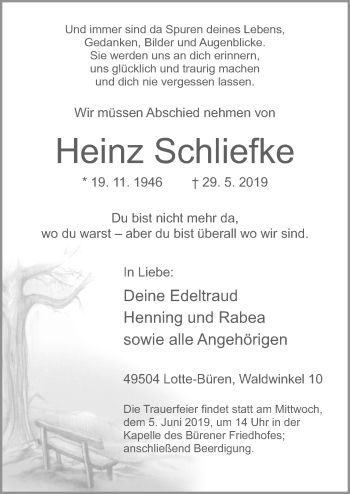 Traueranzeige von Heinz Schliefke von Neue Osnabrücker Zeitung GmbH & Co. KG