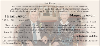 Traueranzeige von Heinz und Margret Santen von Neue Osnabrücker Zeitung GmbH & Co. KG