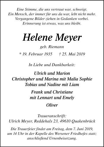 Traueranzeige von Helene Meyer von Neue Osnabrücker Zeitung GmbH & Co. KG