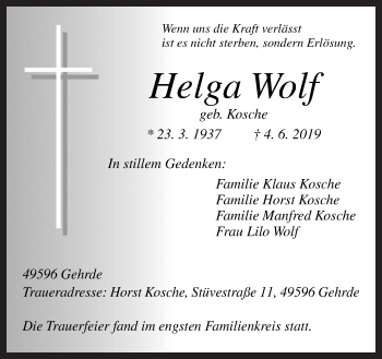 Traueranzeige von Helga Wolf von Neue Osnabrücker Zeitung GmbH & Co. KG