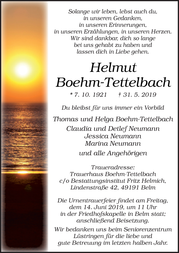  Traueranzeige für Helmut Boehm-Tettelbach vom 08.06.2019 aus Neue Osnabrücker Zeitung GmbH & Co. KG