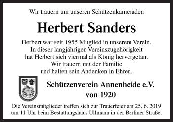 Traueranzeige von Herbert Sanders von Neue Osnabrücker Zeitung GmbH & Co. KG