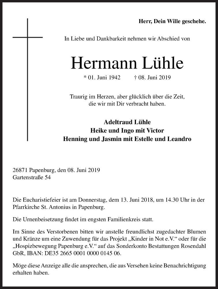  Traueranzeige für Hermann Lühle vom 11.06.2019 aus Neue Osnabrücker Zeitung GmbH & Co. KG