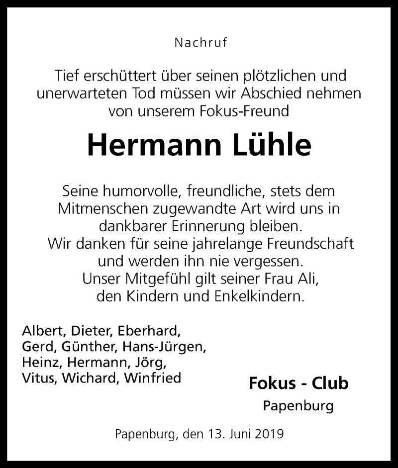  Traueranzeige für Hermann Lühle vom 13.06.2019 aus Neue Osnabrücker Zeitung GmbH & Co. KG