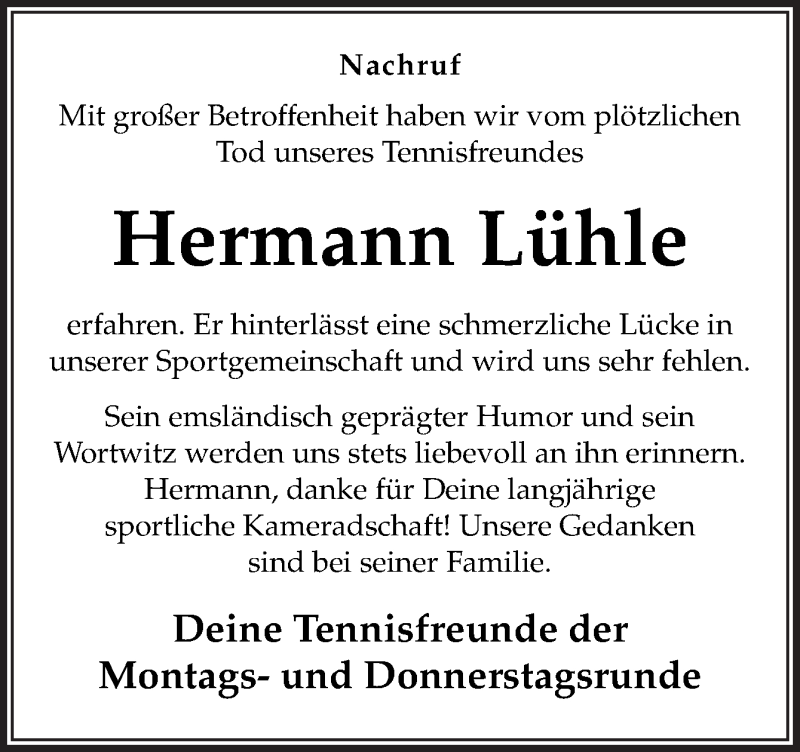  Traueranzeige für Hermann Lühle vom 13.06.2019 aus Neue Osnabrücker Zeitung GmbH & Co. KG